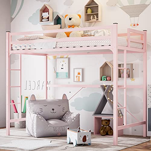 IKIFLY-Metal-Twin-Size-Loft-Bed-Frame-Heavy-Duty-Princess-Cute-Loft-Beds-with-2-Ladders-Safety-Guard-Rail-Space-Saving-Noise-Free-No-Box-Spring-Needed-Pink