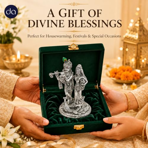 Image of 999 Silver Plated Radha Krishna Idol with Peacock - 5.5 Inch | Radhe Krishna Murti for Wedding for Couple, House Warming Gifts for Pooja Room