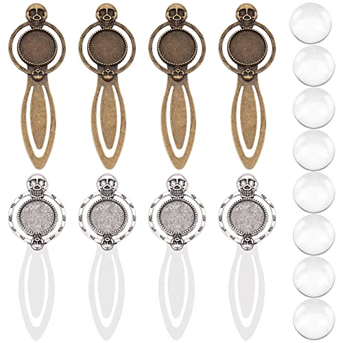 SUNNYCLUE 1 Box 16Pcs DIY 8 Sets Bookmark Pendant Tray Halloween Skull Bookmarks Skeleton Head Metal Book Mark Trays Clear Glass Cabochons Vintage Style Bookmarks for Book Lovers School DIY Craft