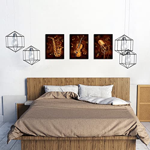 3 Piece Music Painting Canvas Prints Brown Saxophone Violin Microphone Art Picture Poster Wall Decor Vintage Musical Jazz Artwork For Home Living Room Music Studio Classroom Decoration (Small) #TOP4