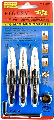 Image of FTG USA #6 (9 /64 inch) Wood Countersink Drill Bit 3-Pc Set with 3 /8 inch Depth Stop