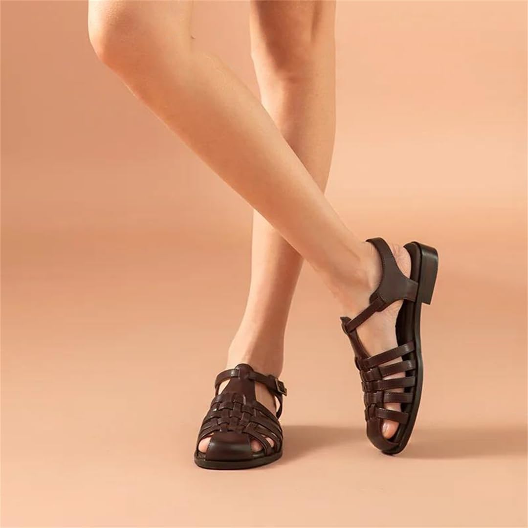 Sandalias de gladiador para mujer, con correa frontal y trasera, tacón plano, estilo gladiador, de piel vacuna, estilo retro, romana, informal, para verano