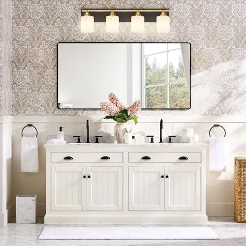 Image of Modern Bathroom Lighting Fixtures Over Mirror, Vanity Lights for Bathroom, Wall Sconces with Milky White Glass Shades, E26 Ceramic Socket, 4-Light 27.5-inch Black and Gold