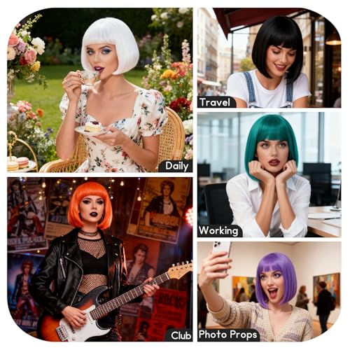 Image of 2 Pack Colored Bob Wigs and Heart Sunglasses Set, Black Red Short Straight Bob Wig with Bangs Neon Party Colorful Synthetic Hair for Women Men Halloween Costume Bachelorette Party Favors