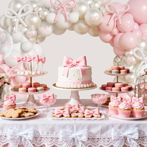 Image of Pink Bow Balloons Arch Garland Kit,JOGAMS 199Pcs Pink and White Balloon Arch Kit with 260 Clear Pearl Balloons Ribbon Bow for Bow Coquette Birthday Decorations Bachelor Baby Shower Bridal Shower