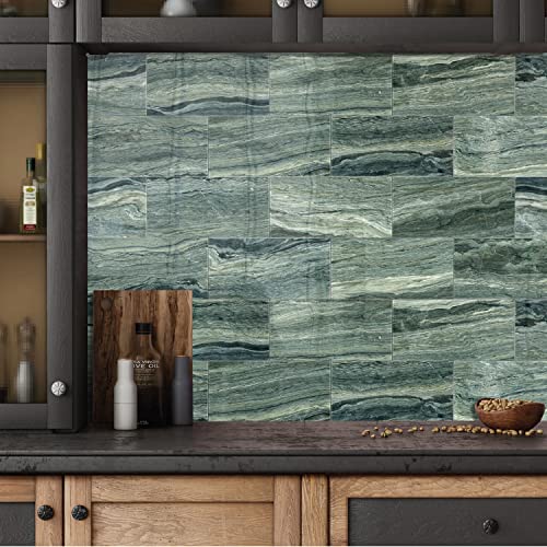Cecekis Peel And Stick Backsplash Tile, 32 Pc Pack (8" X 4") Thicker Glass Subway Tiles Waterproof Oil Proof Removable Decals For Bathroom & Kitchen Backsplash (Green Marble) #TOP22