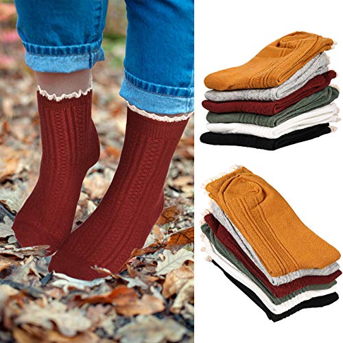 Image of Syhood 6 Pairs Women Ruffle Socks Frilly Lace Trim Cotton Cute Vintage Dress Crew Ankle Boot Socks