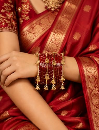 Image of JPS 16 Pcs Trendy Stylish Glass & Kashmiri Ghungroo Bangles Set for Women & Girls | Gold-Plated Traditional Festive Wedding Party Jewellery Chudi Set (12 Glass + 4 Metal)