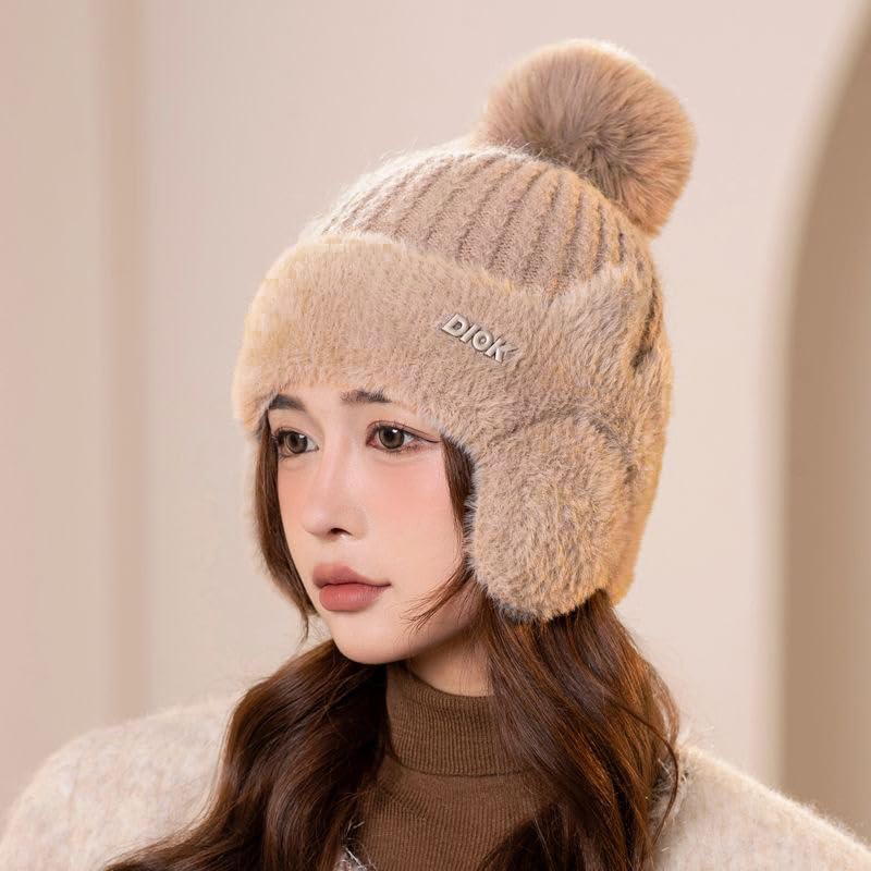 Winter Plush Baseball Cap for Women Fluffy Fur Knitted Hat with Earflaps Outdoor Cycling Ear Protection Hats (US, Alpha, One Size, Pink)2