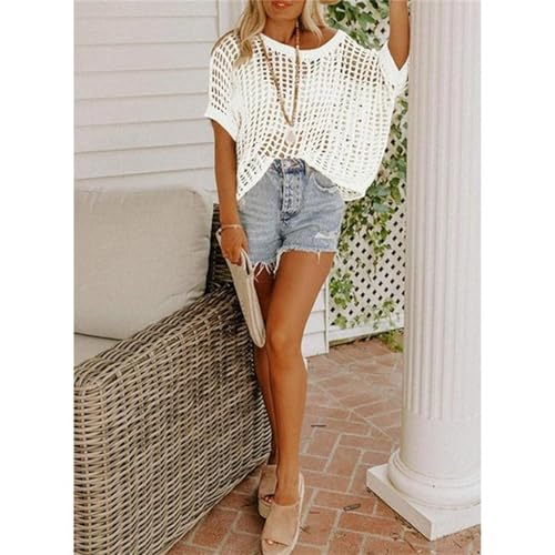 Elaiborate Knit Top, Womens Summer Scoop Neck Shortsleeve Sweater Casual Crochet Hollow Out Knittops2