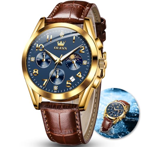 Image of OLEVS Men's Watches Brown Leather with Date,Casual Watches for Men,Large Face Watches Men,Chronograph Mens Watch,Sport Waterproof Business Dress Analog Quartz Men's Wrist Watches Reloj De Hombre