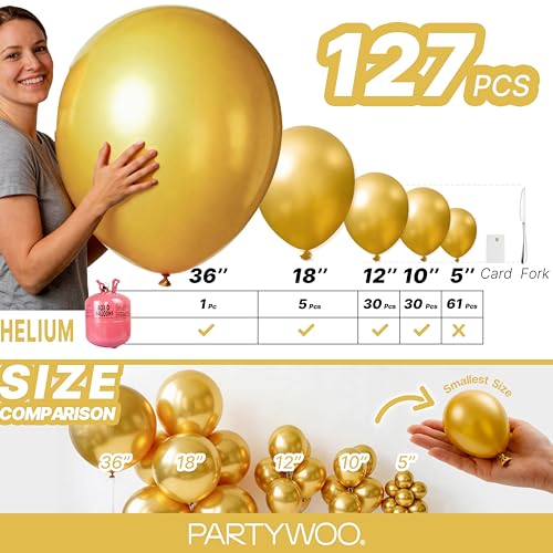 Image of PartyWoo Gold Balloons 127pcs Different Sizes of 36 18 12 10 5 Inch Gold Balloon Arch Kit Garland for Birthday Wedding Anniversary Baby Shower Graduation Retirement Casino Party Decorations Gold-G101