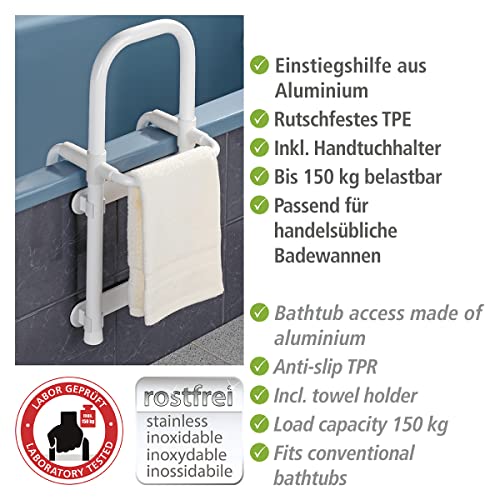 WENKO Secura Einstiegshilfe für die Badewanne, Belastbar mit bis zu 150 kg, Strapazierfähiges Aluminium/Kunststoff, 23 x 52 x 22,5-39 cm, Weiß