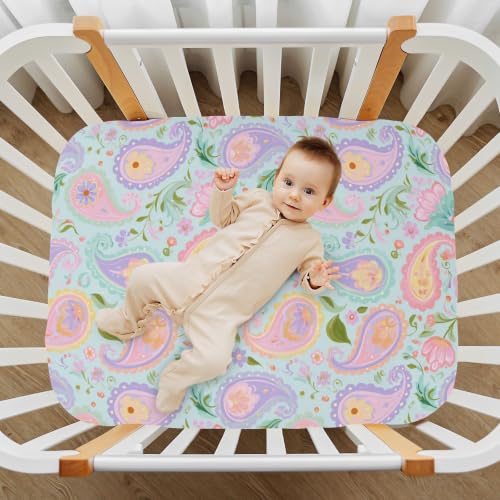 Image of Crib Sheet Breathable Soft Crib Mattress Sheet for Baby Toddler Boys Girls Fitted Pack n Play Crib Sheet Fit Standard Crib Mattress 39 x 27 Inch Green Purple Pinks Leaf Paisley