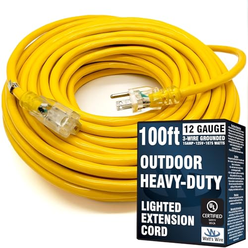 100 ft heavy duty extension cord, 12 gauge outdoor (yellow) with lighted plug