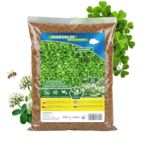 Mikroklee - Weißklee Trifolium repens 500g - Rasenklee bereichert den Rasen - Klee Samen zur Anlockung von Bienen -Saatgut für gleichmäßige dichte Grasnarbe das ganze Jahr über