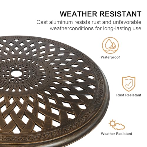 Image of 30.7 inch Outdoor Round Cast Wrought Aluminum Patio Metal Dining Table with Umbrella Hole, Cast Aluminum Frame Bistro Table for Backyard Lawn Balcony Deck, Bronze