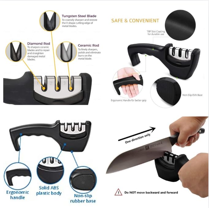 Image of Kitchen Knife Set with Stand 6 Pcs Chef Knife,Cleaver,Paring Knife & Manual 3 Stage Knives Sharpner Tool Scissors Stainless Steel Sharp Blades Wooden Finish Handle Knife Block for Home & Cooking