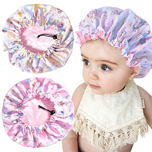 3 Pieces Kids Unicorn Bonnet Adjustable Satin Bonnet Sleeping Cap Soft Silk Pink Night Hats for Natural Hair Teens Toddler Child Baby Reversible Double