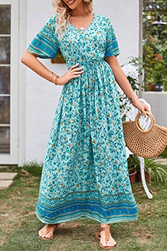 Image of PRETTYGARDEN Women's Casual Summer Boho Floral Print Dress V Neck Short Sleeve High Waist Long Maxi Beach Dresses