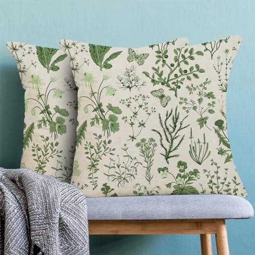 Image of AEIOAE Summer Pillow Covers 22x22 Inch Set of 2,Olive Green Wild Flower Plant Throw Pillows Case,Seasonal Floral Outdoor Decorative Square Linen Farmhouse Decor Cushion Covers for Home Sofa Bed Couch
