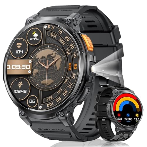 Smartwatch Herren, 1.85''HD Großbildschirm Smartwatch mit LED-Taschenlampe, Telefonfunktion/730mAh/IP68 Wasserdicht, 120+ Sportmodi Fitness Watch mit Herzfrequenz, Schlafmonitor für Android iOS