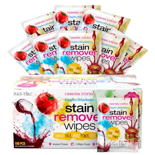 Image of Stain Remover Wipes, 100 Count, Individually Wrapped, Instant Stain Remover | For clothes, fabric & jackets, No-rinse cleaner, Portable for travel, purse & diaper bag, Removes grease, food & more