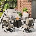 MIXPATIO Patio Furniture Set with Fire Pit Table, 5 Pcs Metal Outdoor Conversation Set, 4 Swivel Chairs with 5.75" Extra Thick Cushion and 28" Fire Pit Table for Backyard Deck, Beige