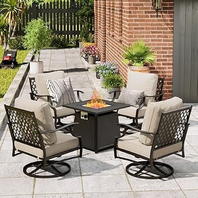 MIXPATIO Patio Furniture Set with Fire Pit Table, 5 Pcs Metal Outdoor Conversation Set, 4 Swivel Chairs with 5.75" Extra Thick Cushion and 28" Fire Pit Table for Backyard Deck, Beige