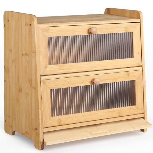 HAUSPROFI Brotkasten Bambus 2 Etagen, Brotkästen Holz mit Schneidebrett Belüftung Gewelltes Sichtbares Fenster, Elegant Brotbox Küche zur Brotaufbewahrung, Bread Box 40x25x40cm Groß