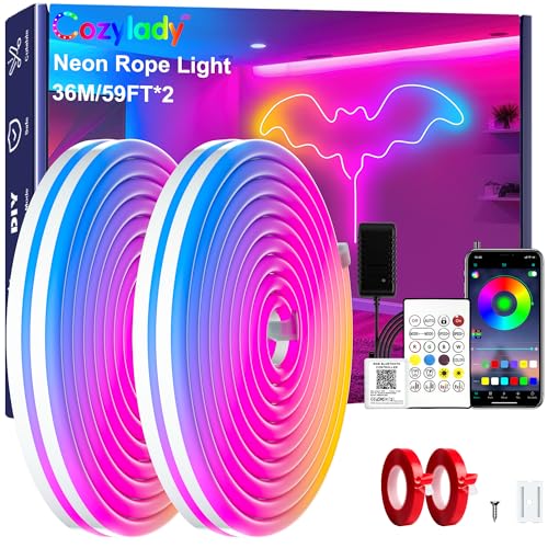 Image of Cozylady RGB Neon Light LED Rope Light,Waterproof Bluetooth APP Remote Control Music Sync Strip Light,24V Flexible DIY Silicone Light for Bedroom Home Indoor Outdoor Decoration (120ft-36M)