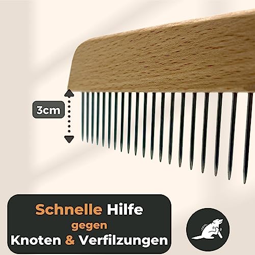 Grünschloss Hundekamm Unterwolle & Holz Katzenkamm Langhaar (3cm lange Zinken) - Entfilzungskamm für Hunde Unterwolle Rechenkamm (Made in Germany) - Knoten & Verfilzungen effektiv entfernen