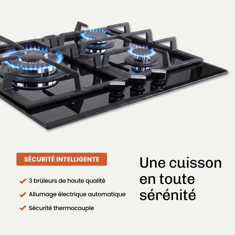 BELDEKO Plaque de cuisson Gaz 3 Feux 60 cm Verre Noir - Grilles Fonte - Marque Française