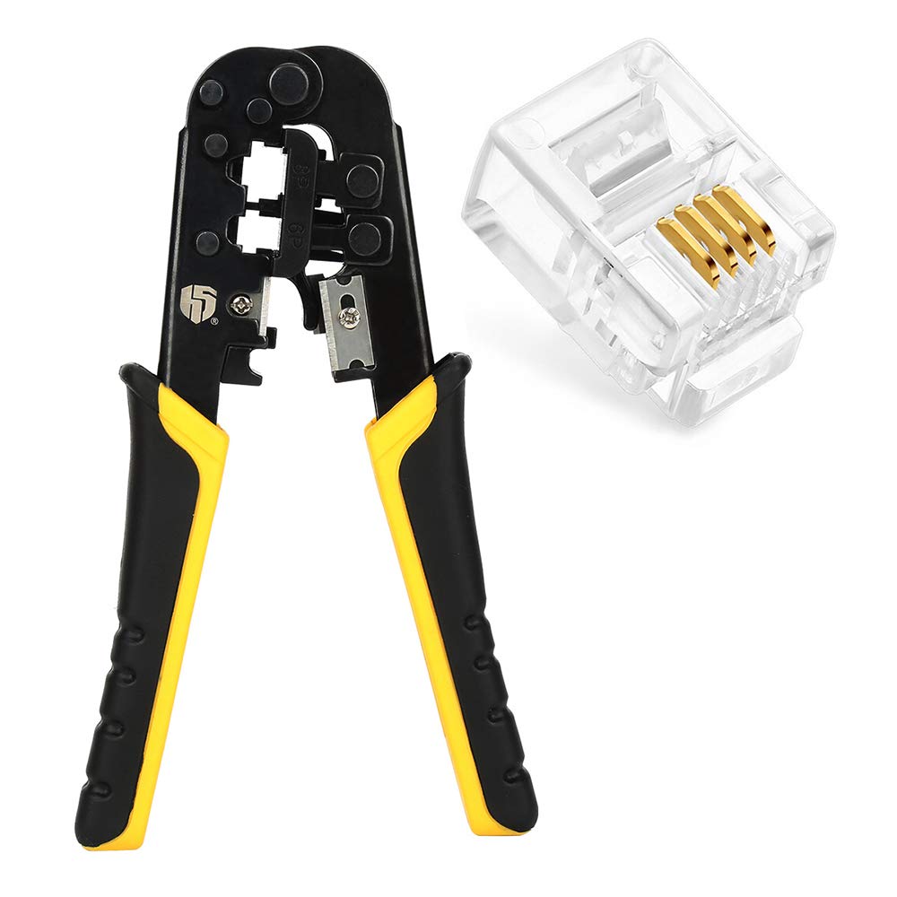 Dual-Modular Network Cable Cutting Stripping Crimper with 100 Pack RJ12 6P6C Plug