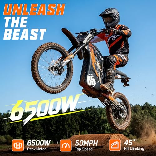 Image of HAPPYRUN G300 Pro Electric Dirt Bike for Adults, 72V 30Ah Battery, 6500W Motor, 50 MPH Speed, 70 Mile Range, 350 Lbs Load Capacity, Hydraulic Brakes