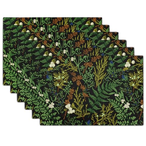 Image of Spring Green Leaves Placemats Set of 6 Botanical Fern Leaf Floral Place Mats Washable Kitchen Dining Summer Black Linen Table Mats Stain Heat-Resistant for Home Party Indoor 12x18 in