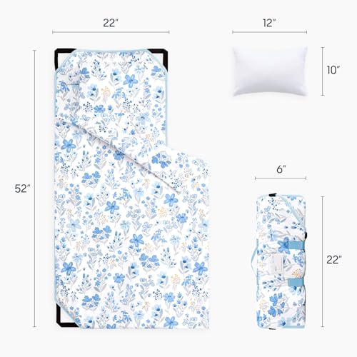 Image of Wake In Cloud - Cot Nap Mat with Pillow and Blanket, for Toddler Kids Girls Ages 3 Plus in Daycare Kindergarten Preschool with Elastic Corner Straps, Floral Botanical Flowers