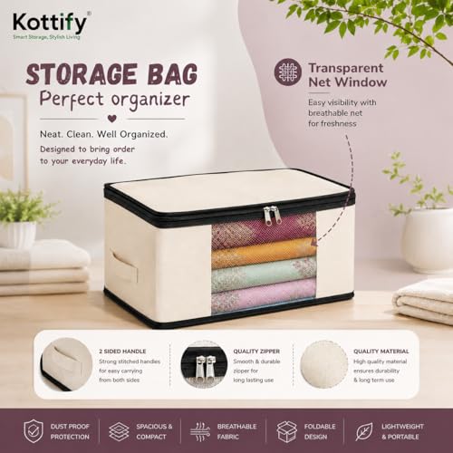 Image of Kottify Pack of 2 Cotton Canvas Clothes Storage Bags /Saree Covers with Zip for Storage Specially Design for Woman Dresses, Sarees, Lehengas for Wardrobe Organizer (17 x 14 x 7 Inch)