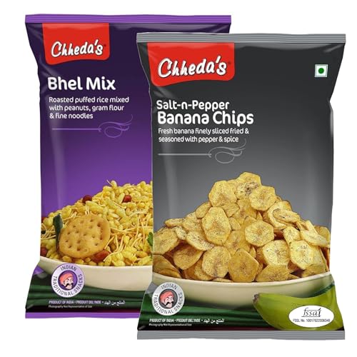 Image of Chheda's - Salt N Pepper Banana Chips (350Gm) and Bhel Mix (300Gm) | Banana Wafers | Indian Namkeen |Ready to Eat - Combo Pack
