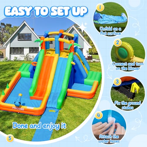 FINCOME Inflatable Water Slide Bounce House with Extend Long Splash Waterslide for Kids Backyard, Blow Up Bouncy Castle Park with 2 Water Pool, Basketball Hoop, Water Cannon for Indoor, Outdoor, Party