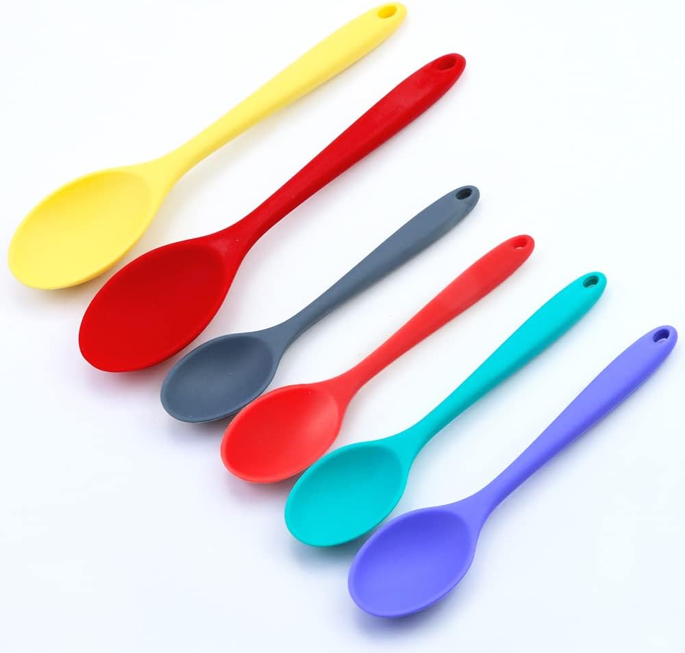 BILLIOTEAM 6 PCS Multicolored Silicone Mixing Spoons,Silicone Nonstick Kitchen Cooking Baking Serving Spoons Utensil for Kitchen Cooking Mixing Baking Serving and Stirring(2 Large and 4 Small): Home & Kitchen
