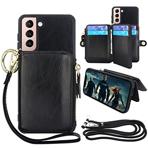 Lacass [Cards Theft Scan Protection] Crossbody Chain 8 Card Slots Holder Zipper Pocket Wallet Case PU Leather Cover Wrist Strap Loop Kickstand Carrying Pouch Bag for Samsung Galaxy S21 6.2 (Black)
