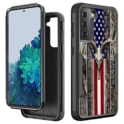 CaseZoo Defender Designed for Samsung Galaxy S21 Plus Case, Heavy Duty 360 Full Body Shockproof Hard Plastic+Silicone Rubber Hybrid Case for Samsung Galaxy S21+ 5G (American Flag Camo Deer Skull) Cover