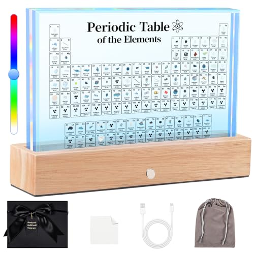 Periodic Table with Real Elements Inside, Upgraded Large Cordless &amp; Rechargeable Acrylic Periodic Table with 7 Colorful LED Lights &amp; 83 Real Samples, Display Gift for Students, Kids and Teacher