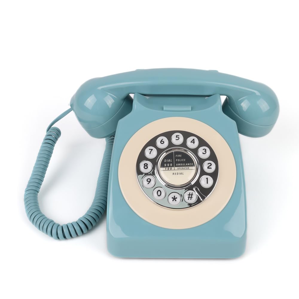 Retro Drehtelefon mit Drucktaste, Festnetztelefon mit Wahlwiederholungstaste, klassisches Vintage-Wähltelefon, antikes schnurgebundenes Telefon für Zuhause und Büro (Blau)