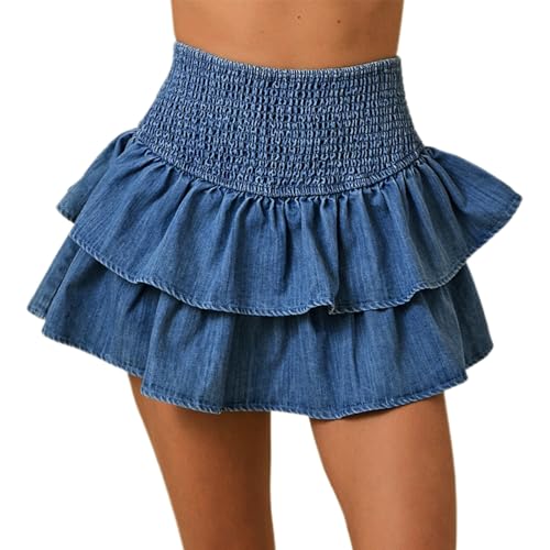 Womens Y2K Shirred Denim Mini Skirt High Rise Ruffled Tiered Layer Short Jean Skirts Smocked A Line Pleated Skirts