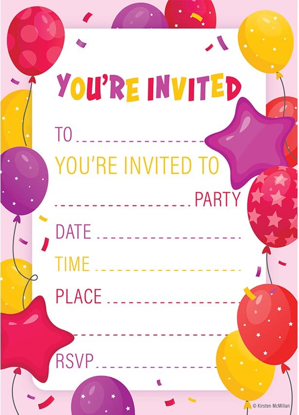 32 Kids Childrens Birthday Party Invitations with Envelopes Invitation Purple Pack of 32 Balloon Invites - Designed and Printed in the UK
