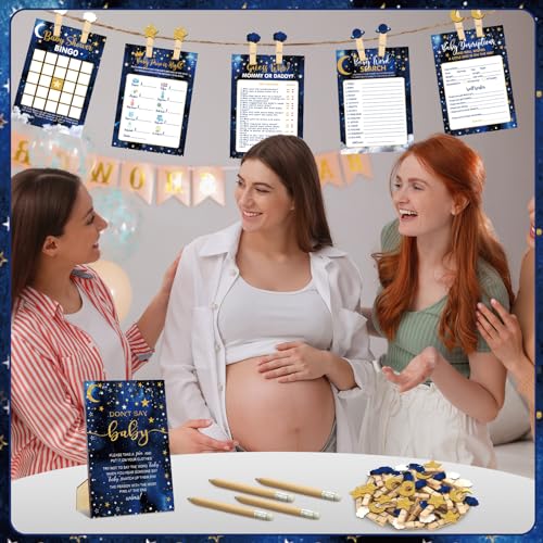 Image of Patelai 321 Pcs Twinkle Twinkle Little Star Baby Shower Decorations Games 5 Set Navy Blue over The Moon Little Star Baby Shower Decorations Don't Say Games for Gender Reveal Birthday Party Supplies