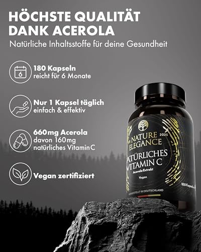 NATURE ELEGANCE Natürliches Vitamin C aus Acerola – Hochdosiert & vegan – 180 Kapseln für 6 Monate – Ohne Zusätze – Gepuffert & gut verträglich – Vitamin C hochdosiert in Deutschland produziert