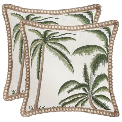 Tosleo Lot de 2 housses de coussin d'été 45 x 45 cm - Broderie verte, palmiers tropicaux - Avec bords fermés, pour canapé, chambre à coucher, ferme, salon...